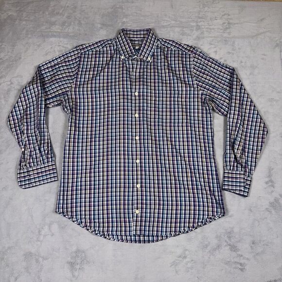 Peter Millar Button Down Shirt Men’s Size M Cotton Silk Blue Plaid - Picture 2 of 7